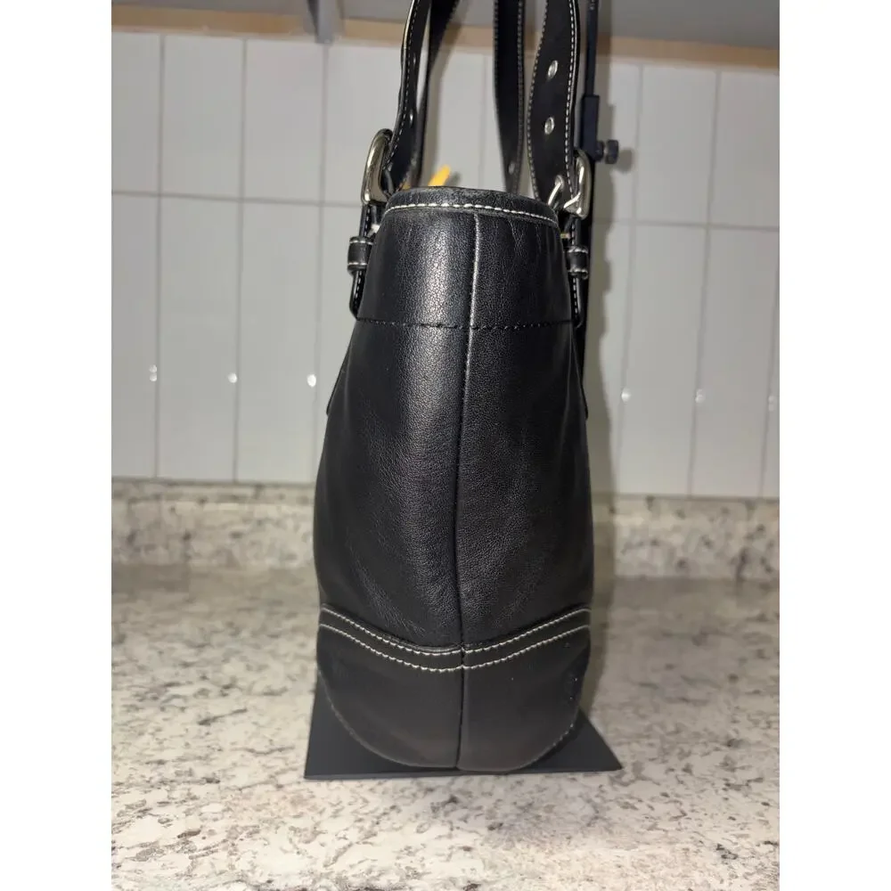 Y2K Vintage Coach Black Leather Tote Cream Stitch Hangtag 9544